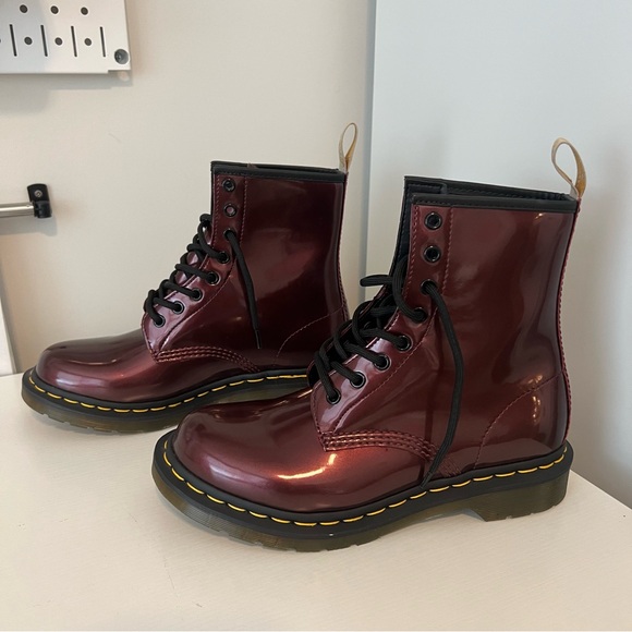 Dr Martens Vegan 1460 Chrome Boots In Oxblood — Chrome Paint Metallic - Picture 3 of 8